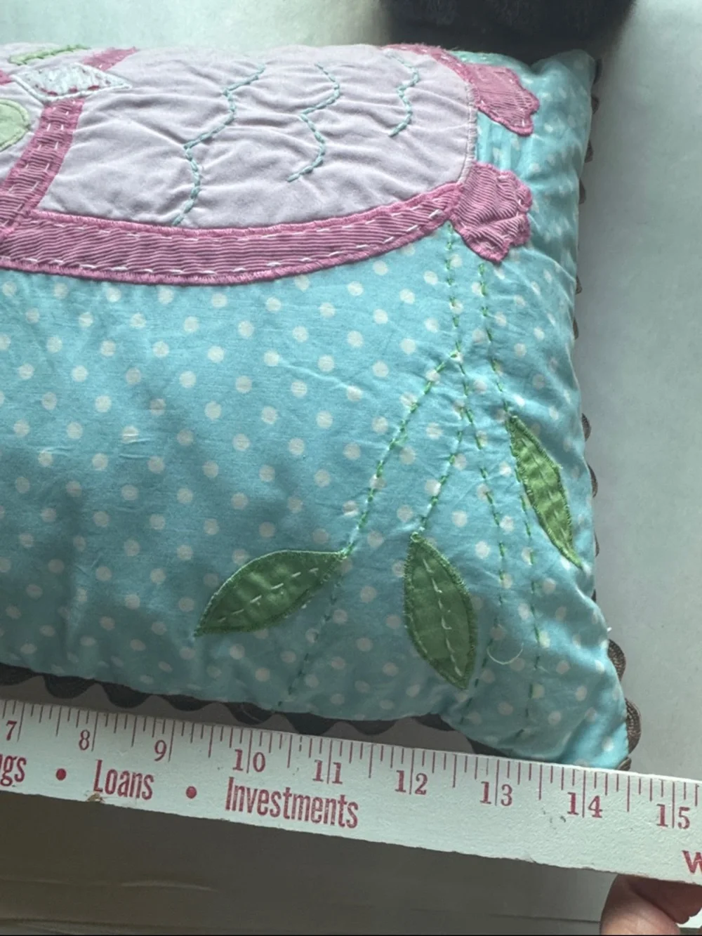 Pottery Barb Kids Owl Throw Pillow pastels embroidered patchwork scalloped pink